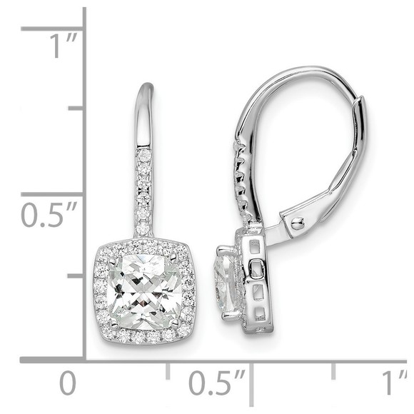 Sterling Silver RH-plated Polished Princess Cut CZ Halo Leverback Earrings - Picture 2 of 4